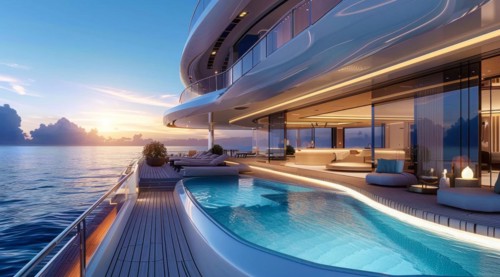 A large luxury yacht with a pool on the side of it. The pool is surrounded by a railing and has a
