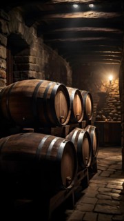 AI generated rustic wine cellar filled with wooden oak barrels
