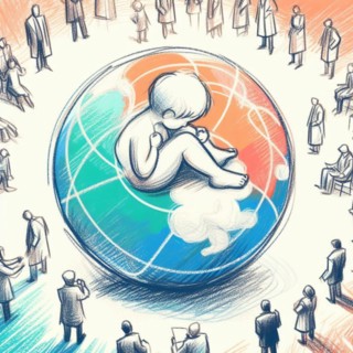 Sketch depicting a fetus in a womb surrounded by abstract figures, AI generated