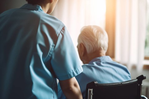 Back view of nurse taking care of elderly person in wheelchair. KI generiert, generiert, AI