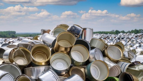 Symbol photo, waste, a large quantity of empty open tinplate cans on a heap, AI generated, AI