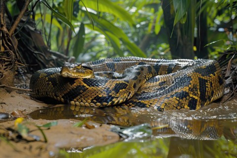 Large anaconda in the tropical forest, AI generated