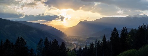 Cloudy mood in the evening light, sunset over the Liesingtal, in the evening light the village