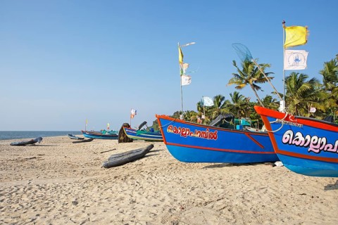 Colourful fishing boats on Marari Beach, Mararikulam, Alappuzha district, Kerala, India, Asia