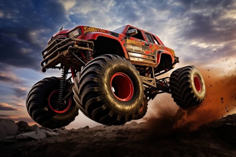 Monster truck driving and jumping outdoors amidst a cloud of dust. Thrill and adrenaline of an