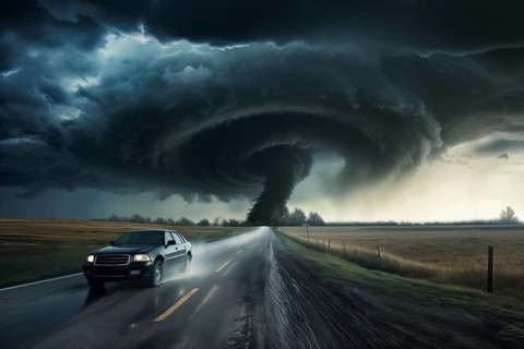 Disaster catastrophe storm concept, tornado in a field in the USA with car on road escaping tornado