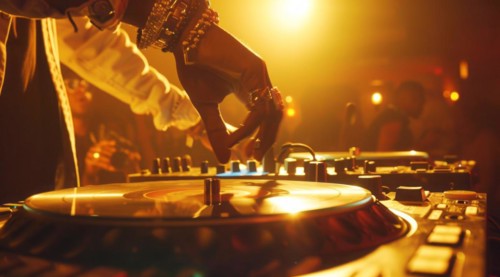 DJ is playing modern electronic music at a popular nightclub, AI generated