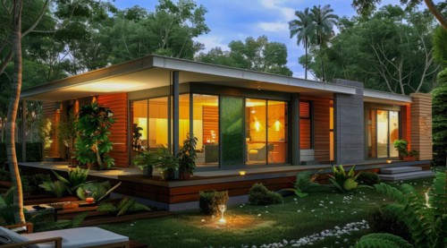 A large private house villa with a pool and a garden. Modern architecture with bright big