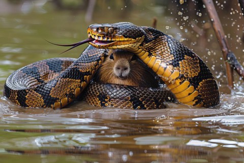 Large anaconda chasing a capybara, AI generated