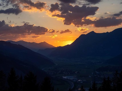 Sunset over the Liesingtal, in the evening light the village of Traboch, Schoberpass federal road,