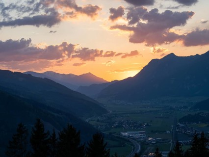 Sunset over the Liesingtal, in the evening light the village of Traboch, Schoberpass federal road,