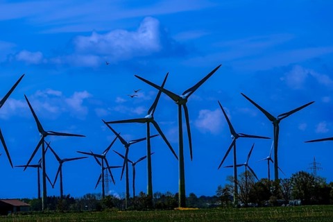 Wind turbines in the Luetetsburg wind farm on the North Sea coast, Hagermarsch, East Frisia, Lower