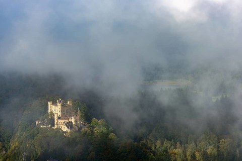 Hohenschwangau Castle and Schwansee in autumn, Romantic Road, Ostallgaeu, Allgaeu, Bavaria,