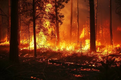 A forest wildfire is raging through a wooded area. Trees are on fire and flames are spreading