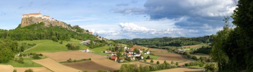 Riegersburg in the evening light, foreground field, panoramic view, cloudy mood, Riegersburg,