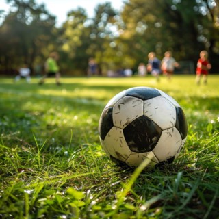 A worn football lies on grass with a blurred background, AI generated