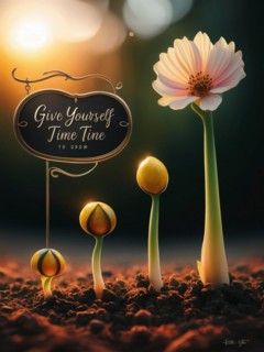 A single flower beside budding counterparts and an inspirational sign under twilight, AI generated