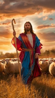 Figurative representation of a Biblical shepherd with sheep at sunset, AI generated