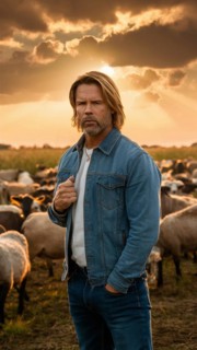 Man in denim jacket standing in front of sheep with a sunset background, AI generated