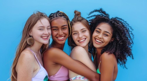 A group of women are smiling and posing for a photo. They are wearing bikinis and hats, AI