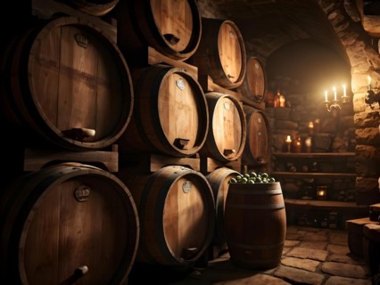 AI generated rustic wine cellar filled with wooden oak barrels