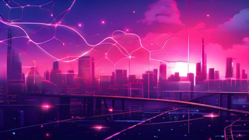 Ai generated conceptual illustration of a neuronal network with city skyline in the background in