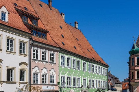 Pointed gable houses and dormers in Pfarrgasse, Kaufbeuern, Allgaeu, Swabia, Bavaria, Germany,