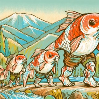 Whimsical illustration depicting fish with legs walking through a colorful, mountainous terrain,