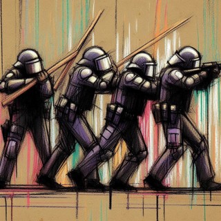 Dynamic abstract portrayal of armored soldiers marching with vibrant streaks of color, AI generated