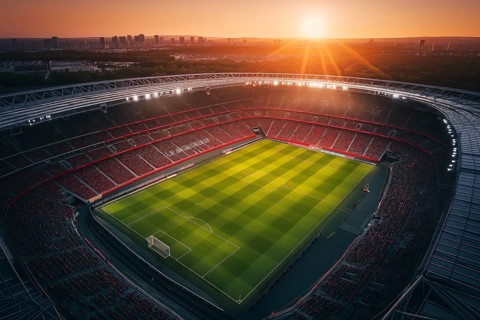 Aerial bird eye top view of a soccer football field stadium on sunset, AI generated