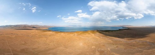 Aerial view, Vast empty landscape at the mountain lake Song Kul in autumn, Moldo Too Mountains,