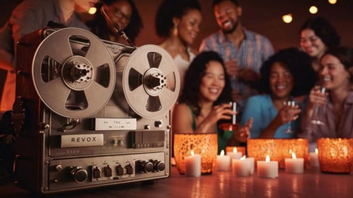 Group of friends chat drink in the background with close-up of an old reel to reel tape recorder ai