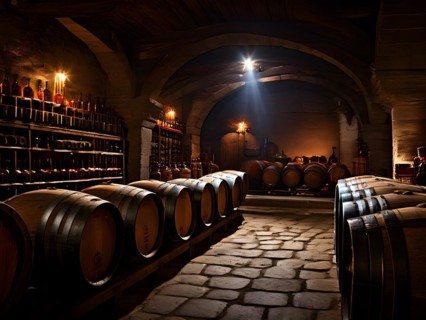 AI generated rustic wine cellar filled with wooden oak barrels