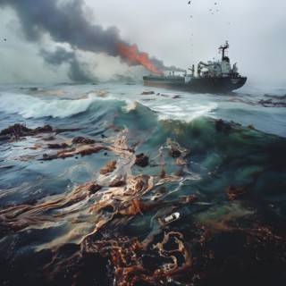 A damaged ship leaks oil in rough seas, smoke rises, oil spill, environmental disaster, AI