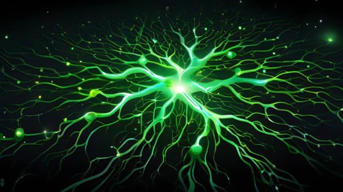 Ai generated conceptual illustration of a neuronal network with interconnected nodes pulsating in