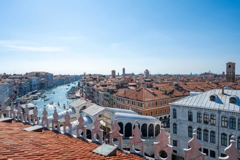 View from the roof of the Fondaco dei Tedeschi, boats on the Grand Canal, Venice, Veneto, Italy,