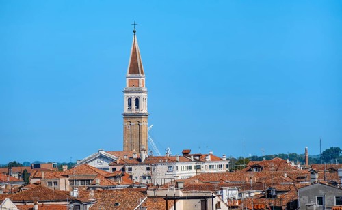 View over the rooftops of Venice to the church tower of the Chiesa di San Francesco della Vigna,