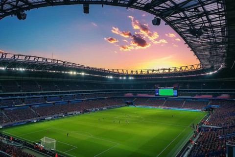 A soccer field with a large crowd of people spectators fans watching the game on sunset. The