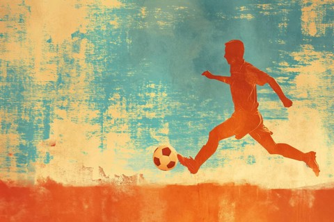 A soccer player dribbles and kicks a soccer ball. Abstract vintage grungy poster style with muted
