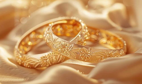 Pair of intricately designed gold bracelets arranged on a smooth satin material background AI