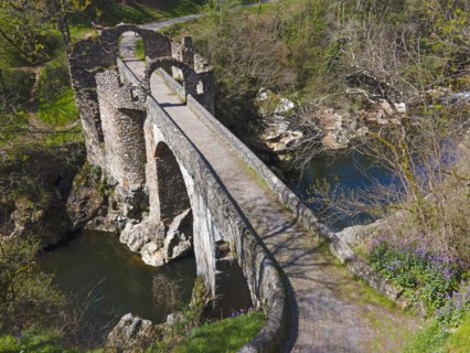Old arched bridge over a river, bordering paths and nature in the sunlight, Bridge of the Devil,