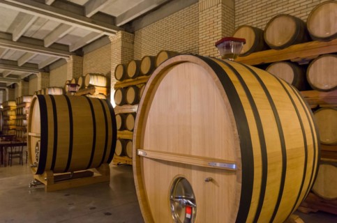 Oak barrels for wine aging in an underground cellar in Vale dos Vinhedos