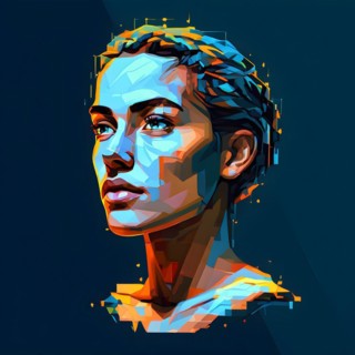 AI generated female human head digitalised in pixel art style presenting a mosaic of vibrant hues
