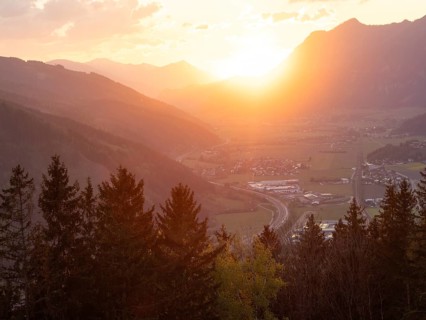 Sunset over the Liesingtal, in the evening light the village of Traboch, Schoberpass federal road,