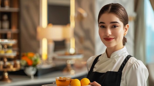 A professional waitress in an apron serving orange juice in a luxurious hotel environment, AI