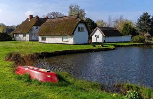 Holiday homes by a small pond, Binz, Ruegen, Mecklenburg-Vorpommern, Germany, Europe