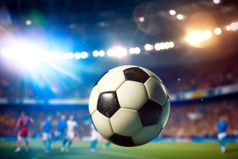 A soccer ball is in the air on football stadium, surrounded by players on a field during the game,