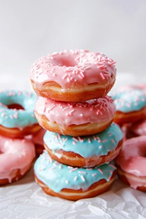 Stack of donuts with pastel pink and blue glazing. KI generiert, generiert, AI generated