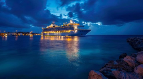 A large cruise ship docked near popular vacation resort. The scene is serene and relaxing, with the