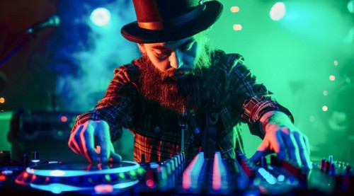 DJ is playing modern electronic music at a popular nightclub, AI generated
